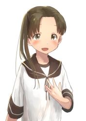 Rule 34 | 10s, 1girl, :d, ayanami (kancolle), brown hair, forehead, hand on own chest, kantai collection, matsutani, open mouth, sailor collar, school uniform, serafuku, side ponytail, smile, solo