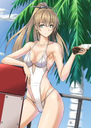 Rule 34 | 1girl, absurdres, armpits, blue sky, blurry, blurry background, blush, bottle, breasts, brown hair, cameltoe, casual one-piece swimsuit, cleavage, closed mouth, cloud, collarbone, day, earrings, elbow rest, groin, hair between eyes, hair ornament, head tilt, highres, hip focus, holding, holding bottle, jewelry, kantai collection, kumano (kancolle), long hair, luna (gunfire), medium breasts, one-piece swimsuit, outdoors, palm tree, ponytail, sidelocks, skindentation, sky, smile, solo, sparkle, swimsuit, thighs, toned, tree, white one-piece swimsuit