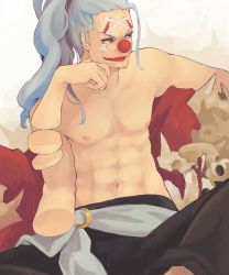 Rule 34 | 1boy, abs, blue hair, buggy the clown, head rest, clown, clown nose, crossbones, detached, disembodied limb, dismembered, lipstick, long hair, makeup, male focus, monster boy, one piece, ponytail, red nose, sash, topless male, sitting, skull, solo