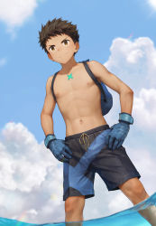 Rule 34 | 1boy, abs, backpack, bag, beitemian, black hair, black shorts, blue gloves, blue shorts, brown eyes, closed mouth, cloud, day, gloves, hands on own hips, highres, jewelry, male focus, navel, necklace, nipples, outdoors, partially submerged, pectorals, rex (xenoblade), short hair, shorts, sky, smile, toned, toned male, two-tone shorts, water, xenoblade chronicles (series), xenoblade chronicles 2