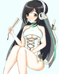 Rule 34 | 1girl, animal ears, aquaplus, bare arms, bare legs, bare shoulders, black hair, blush, breasts, cat tail, cleavage, cleavage cutout, clothing cutout, feet out of frame, female focus, hair ornament, highres, kuon (utawarerumono), kuon waves-enticing fan, long hair, looking at viewer, medium breasts, midriff, ongheaven, orange eyes, ponytail, raised eyebrows, sideboob, sidelocks, simple background, sitting, solo, swept bangs, swimsuit, tail, tail ornament, thick thighs, thighs, tongue, tongue out, underboob, utawarerumono, utawarerumono: itsuwari no kamen, utawarerumono: lost flag, very long hair, white tail