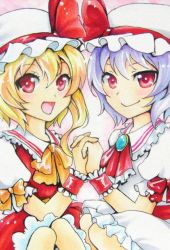 Rule 34 | 2girls, ascot, bad id, bad pixiv id, blonde hair, blouse, brooch, female focus, flandre scarlet, hat, holding hands, interlocked fingers, jewelry, lakestep55, light purple hair, looking at viewer, marker (medium), mob cap, multiple girls, open mouth, pink background, red eyes, remilia scarlet, shirt, short hair, short sleeves, siblings, side ponytail, sisters, skirt, skirt set, smile, touhou, traditional media, wrist cuffs