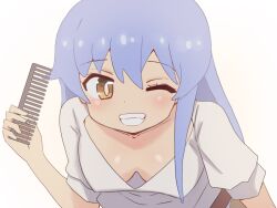 Rule 34 | 1girl, blue hair, blush, breasts, brown eyes, cleavage, comb, downblouse, fang, grin, hairdresser (onii-chan wa oshimai!), hanging breasts, highres, holding, holding comb, large breasts, leaning forward, long hair, looking at viewer, one eye closed, onii-chan wa oshimai!, parted lips, simple background, smile, solo, teeth, tekisui, upper body, white background, wink