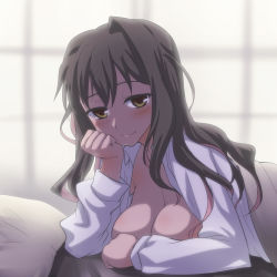 Rule 34 | 10s, 1girl, backlighting, bed sheet, black hair, blanket, blurry, blurry background, breast press, breasts, brown eyes, cleavage, collared shirt, hand on own cheek, hand on own face, head rest, kantai collection, long sleeves, looking at viewer, lying, medium breasts, messy hair, morning, multicolored hair, naganami (kancolle), naked shirt, on bed, on stomach, open clothes, open shirt, pillow, pink hair, pov across bed, shirt, single hair intake, smile, solo, tsurime, two-tone hair, under covers, upper body, white shirt, yoshi tama