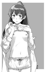 Rule 34 | 1girl, alternate costume, blush, flat chest, greyscale, hair ornament, hairclip, kantai collection, kumano (kancolle), long hair, long sleeves, makio (makiomeigenbot), monochrome, nipples, open clothes, open mouth, ponytail, shorts, signature, simple background, solo, sweat