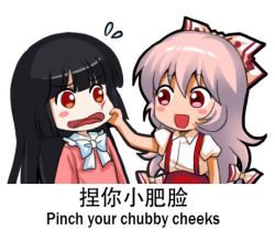 Rule 34 | 2girls, :d, bilingual, black hair, blouse, blush stickers, bow, cheek pinching, cheek pull, chinese text, commentary request, english text, female focus, flying sweatdrops, fujiwara no mokou, hair bow, hair ribbon, houraisan kaguya, japanese clothes, jokanhiyou, long hair, long sleeves, lowres, mixed-language text, multi-tied hair, multiple girls, open mouth, pants, pinching, pink hair, pink shirt, puffy short sleeves, puffy sleeves, red eyes, red pants, ribbon, shirt, short sleeves, simple background, smile, suspenders, touhou, translation request, white background, white shirt