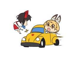 Rule 34 | 10s, 2girls, altronage, animal ears, black hair, blue gloves, bow, bowtie, bumblebee, car, commentary request, crash, driving, gloves, kemono friends, motor vehicle, multiple girls, open mouth, serval (kemono friends), simple background, starscream, transformers, vehicle focus, volkswagen beetle, white background