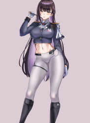 Rule 34 | 1girl, absurdres, arm up, ascot, black footwear, black jacket, blunt bangs, boots, breasts, brown eyes, brown hair, closed mouth, commentary request, contrapposto, cowboy shot, crop top, cropped jacket, earrings, epaulettes, gloves, goddess of victory: nikke, groin, half updo, highres, holding riding crop, id card, jacket, jewelry, knee boots, large breasts, long hair, looking at viewer, marciana (nikke), midriff, military jacket, military uniform, name tag, navel, navel piercing, pants, partial commentary, piercing, riding crop, simple background, skindentation, solo, standing, thigh strap, tight clothes, tight pants, uniform, white ascot, white gloves, white pants, yosshi master