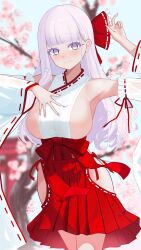 Rule 34 | 1girl, absurdres, armpits, azur lane, blunt bangs, blurry, blurry background, blush, breasts, cherry blossoms, closed mouth, covered navel, cowboy shot, detached sleeves, flower, hair flower, hair ornament, hakama, hakama skirt, hands up, highres, hip vent, japanese clothes, large breasts, light purple hair, long hair, looking at viewer, miko, mixed-language commentary, multicolored hair, plymouth (azur lane), purple eyes, qingyuexin, red hakama, sideboob, skirt, smile, solo, streaked hair, torii, wide sleeves