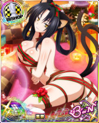 Rule 34 | 1girl, :3, animal ears, ass, bishop (chess), black hair, bow, bowtie, box, breast hold, breasts, candle, card (medium), cat ears, cat tail, character name, chess piece, christmas, cleavage, closed mouth, fur trim, gift, gift box, hair bow, hair rings, hairband, high school dxd, high school dxd born, kuroka (high school dxd), large breasts, long hair, looking at viewer, lying, multiple tails, naked ribbon, naughty face, navel, official art, on side, pillow, ribbon, seductive smile, slit pupils, smile, solo, tail, torn ribbon, trading card, yellow eyes