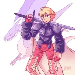 Rule 34 | 1boy, ahoge, armor, armored boots, artist name, blonde hair, boots, brown eyes, brown pants, cape, dragon, final fantasy, final fantasy tactics, highres, holding, holding sword, holding weapon, john st28, male focus, nose, pants, ramza beoulve, shoulder armor, sword, weapon, white background