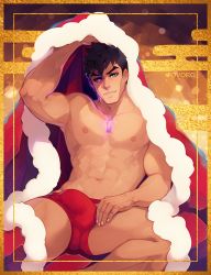 Rule 34 | 1boy, abs, bara, black hair, briefs, bulge, cape, fur-trimmed cape, fur trim, holding, holding cape, holding clothes, large pectorals, looking at viewer, male focus, male underwear, malos (xenoblade), muscular, muscular male, navel, nipples, pectorals, purple eyes, qvoro, red male underwear, short hair, sitting, smile, solo, thick thighs, thighs, twitter username, underwear, xenoblade chronicles (series), xenoblade chronicles 2