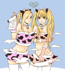 Rule 34 | 2girls, animal print, arm under breasts, arm up, bell, blonde hair, blue background, blue eyes, blush, breasts, cleavage, closed mouth, clothes pull, collar, cow, cow print, cowbell, facial mark, facing viewer, fake horns, genderswap, genderswap (mtf), gloves, hair ornament, hairband, hand up, happy, heart, holding, holding scroll, horns, japanese text, jewelry, konohagakure symbol, large breasts, long hair, looking at viewer, lowres, mare (artist), midriff, miniskirt, multiple girls, naruko (naruto), naruto, naruto (series), navel, necklace, non-web source, one eye closed, parted lips, pink gloves, pink skirt, pink tubetop, ponytail, scroll, sexy no jutsu, simple background, skirt, skirt pull, smile, smoke, standing, strapless, teasing, teeth, thighhighs, translation request, tube top, twintails, uzumaki naruto, whisker markings, whiskers, white legwear, wink, yamanaka ino, zettai ryouiki