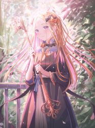 Rule 34 | 1girl, abigail williams (fate), backlighting, black bow, black dress, blonde hair, blue eyes, blush, bow, breasts, bug, butterfly, closed mouth, dress, fate/grand order, fate (series), flower, forehead, hair bow, highres, insect, key, kinom (sculpturesky), long hair, long sleeves, looking at viewer, multiple hair bows, orange bow, parted bangs, ribbed dress, rose, sidelocks, small breasts, smile, stuffed animal, stuffed toy, teddy bear