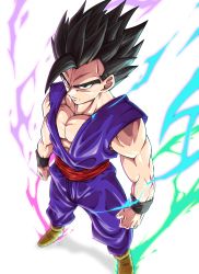 Rule 34 | 1boy, absurdres, clenched hands, closed mouth, dougi, dragon ball, dragon ball super, dragon ball super super hero, electricity, highres, large pectorals, liedein, looking at viewer, male focus, muscular, muscular male, pectorals, sash, serious, solo, son gohan, wristband