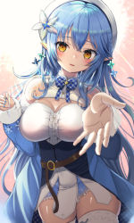 Rule 34 | 1girl, absurdres, azumi (mocha), beret, blue hair, blush, breasts, cleavage, flower, hair flower, hair ornament, half updo, hat, highres, hololive, huge filesize, large breasts, looking at viewer, nail polish, pointy ears, reaching, reaching towards viewer, ribbon, solo, thighs, virtual youtuber, yellow eyes, yukihana lamy