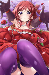 Rule 34 | 1girl, bead necklace, beads, black panties, breasts, commentary request, dress, elbow gloves, flower, frilled dress, frills, gloves, highres, jewelry, kirisaki reina, knees up, love live!, love live! school idol project, lying, medium breasts, necklace, nishikino maki, on back, open hands, outstretched arms, panties, pantyshot, parted lips, petals, purple eyes, purple gloves, purple thighhighs, red dress, red flower, red hair, red rose, rose, rose petals, solo, thighhighs, thighs, underwear