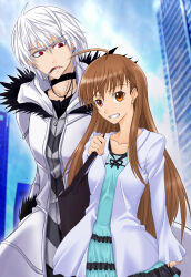 Rule 34 | 1boy, 1girl, accelerator (toaru majutsu no index), age difference, aged up, ahoge, albino, aqua dress, bag, black choker, black shirt, blue sky, breasts, brown hair, building, choker, cigarette, cloud, cloudy sky, commentary request, day, diagonal stripes, dress, ear piercing, fur-trimmed hood, fur trim, grin, hair between eyes, hand in pocket, hand up, handbag, height difference, hood, hood down, hoodie, jacket, kurogane (blackxsilver), last order (toaru majutsu no index), long hair, long sleeves, looking at viewer, medium breasts, open clothes, open jacket, open mouth, outdoors, piercing, red eyes, shirt, short hair, sky, smile, smoking, striped clothes, striped hoodie, teeth, toaru majutsu no index, upper body, v-shaped eyebrows, white hair, white hood, white jacket