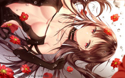 Rule 34 | 1girl, absurdres, black dress, black gloves, blurry, blurry foreground, blush, breasts, brown hair, collarbone, commentary request, depth of field, dress, dutch angle, elbow gloves, fate/grand order, fate (series), flower, gloves, hair between eyes, hand up, highres, junpaku karen, long hair, navel, parted lips, pixiv id, red eyes, red flower, revealing clothes, small breasts, solo, strapless, strapless dress, very long hair, water drop, white background, yu mei-ren (fate)
