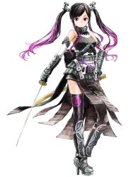 Rule 34 | 1girl, armor, armored boots, bare shoulders, black footwear, black hair, black thighhighs, boots, breasts, detached sleeves, floating hair, full body, gauntlets, hair ornament, hand on own hip, high heel boots, high heels, highres, holding, holding sword, holding weapon, katana, knee boots, long hair, medium breasts, multicolored hair, pink hair, purple eyes, sheath, shirohime quest, simple background, solo, standing, sword, thighhighs, two-tone hair, unsheathed, weapon, white background