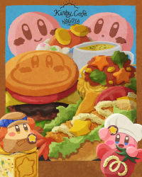 Rule 34 | broccoli, burger, carrot, chef, chef hat, cube, english text, food, food focus, hat, highres, hot dog, kirby, kirby (series), kirby cafe, lettuce, looking at viewer, meat, miclot, nintendo, open mouth, pasta, sauce, shrimp, shrimp tempura, soup, spaghetti, sparkling eyes, star (symbol), tempura, tomato, tongue, waddle dee