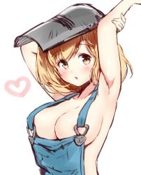 Rule 34 | 1girl, :o, akina tsukako, armpits, arms behind head, arms up, blonde hair, blush, breasts, brown eyes, cleavage, commentary request, denim, djeeta (granblue fantasy), granblue fantasy, hair between eyes, highres, large breasts, looking at viewer, mask, mask on head, mechanic (granblue fantasy), naked overalls, nipple slip, nipples, no bra, overalls, short hair, solo, upper body, welding mask, white background