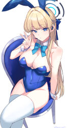 Rule 34 | 1girl, animal ears, aqua necktie, arm support, ashita (2010), blonde hair, blue archive, blue eyes, blue leotard, braid, breasts, cleavage, collarbone, covered navel, crossed legs, detached collar, earrings, fake animal ears, feet out of frame, french braid, groin, halo, headset, highres, jewelry, large breasts, leotard, long hair, looking at viewer, necktie, official alternate costume, on chair, playboy bunny, rabbit ears, simple background, sitting, solo, strapless, strapless leotard, stud earrings, toki (blue archive), toki (bunny) (blue archive), very long hair, w, white background, white wrist cuffs, wrist cuffs