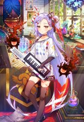 Rule 34 | 1girl, age of ishtaria, black thighhighs, blush, bone hair ornament, book, bookshelf, bow, cagliostro (age of ishtaria), choker, closed mouth, collarbone, creature, flask, hair bow, hair ornament, highres, holding, holding instrument, horns, indoors, instrument, keyboard (instrument), long hair, looking at viewer, miniskirt, munlu (wolupus), one side up, plaid, plaid skirt, print shirt, purple hair, red eyes, round-bottom flask, shirt, single horn, skirt, solo, standing, t-shirt, thighhighs, window, x hair ornament