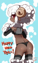 Rule 34 | 1girl, :o, aqua background, ass, blush, brown horns, chinese zodiac, commentary request, cowboy shot, dark-skinned female, dark skin, dated, english text, eyes visible through hair, from behind, fur collar, garoudo (kadouhan&#039;i), gloves, hands up, happy new year, horns, looking at viewer, looking back, new year, open mouth, original, outline, petite, pointy ears, red eyes, sheep girl, sheep horns, shiny skin, short hair, signature, simple background, skinny, solo, standing, thick eyebrows, very dark skin, white gloves, white hair, white outline, year of the goat