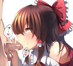 Rule 34 | 1boy, 1girl, bare shoulders, bow, commentary, detached sleeves, fellatio, from side, hair bow, hair tubes, hakurei reimu, highres, oral, penis, red bow, red eyes, sidelocks, simple background, tangusuten, testicles, touhou, upper body, veins, veiny penis, white background
