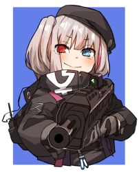 Rule 34 | 1girl, amonitto, assault rifle, automatic rifle, battle rifle, beret, black hat, blue background, blue eyes, bullpup, carbine, commentary request, desert tech mdr, girls&#039; frontline, gloves, gun, hat, hetero, jacket, looking at viewer, mdr (girls&#039; frontline), multicolored hair, one side up, red eyes, rifle, silver hair, smile, solo, streaked hair, weapon