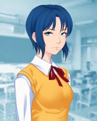 Rule 34 | 1girl, blue eyes, blue hair, breasts, ciel (tsukihime), closed mouth, commentary, english commentary, highres, looking at viewer, medium breasts, miura-n315, school uniform, short hair, solo, tsukihime