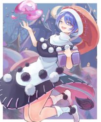 Rule 34 | 1girl, :3, :d, absurdres, bad id, bad pixiv id, blob, blue eyes, blue hair, book, border, castle, commentary request, creeper (gametime), crescent moon, doremy sweet, dress, ferris wheel, hair between eyes, hands up, hat, highres, holding, holding book, huge filesize, looking at viewer, moon, nightcap, no shoes, open mouth, outside border, pom pom (clothes), red hat, short hair, smile, socks, solo, tail, tapir tail, touhou, white border, white dress, white socks