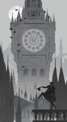Rule 34 | 1boy, absurdres, architecture, bird, black hair, black suit, building, cane, chinese commentary, clock, clock tower, coat, commentary request, crow, formal, full moon, gothic architecture, hat, unworn hat, unworn headwear, highres, holding, holding cane, holding clothes, holding hat, klein moretti, looking at viewer, lord of the mysteries, monochrome, moon, night, night sky, outdoors, sky, smile, solo, suit, top hat, tower, uuuuudc, window