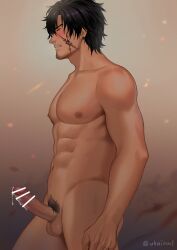 1boy abs bar_censor bara black_hair black_pubic_hair blush censored clive_rosfield closed_eyes collarbone commentary completely_nude cum earrings ejaculation erection facial_hair facial_mark feet_out_of_frame final_fantasy final_fantasy_xvi highres jewelry male_focus male_pubic_hair navel nipples nude parted_bangs parted_lips pectorals penis piercing pubic_hair short_hair solo standing testicles twitter_username uhai