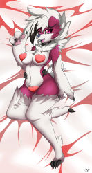 Rule 34 | 1girl, animal ears, animal hands, bed sheet, breasts, cameltoe, claws, collar, creatures (company), dakimakura (medium), dog ears, feet, from above, full body, furry, furry female, game freak, gen 7 pokemon, hand up, heart maebari, heart pasties, highres, large breasts, looking at viewer, lycanroc, lying, maebari, navel, nintendo, on side, open mouth, pasties, pink eyes, pokemon, pokemon (creature), pokemon sm, red background, sharp teeth, signature, simple background, smile, solo, teeth, tongue, two-tone background, white background, zzvinniezz