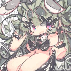 Rule 34 | :d, animal ears, antenna hair, black bow, black bowtie, black leotard, bowtie, breasts, chibi, detached collar, fake animal ears, goddess of victory: nikke, green hair, heart antenna hair, huge breasts, jrpencil, leotard, long hair, looking at viewer, mole, mole on breast, open mouth, pink eyes, playboy bunny, rabbit ears, signature, smile, soda (nikke), soda (twinkling bunny) (nikke), strapless, strapless leotard, twintails, wrist cuffs