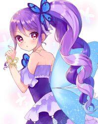 Rule 34 | 1girl, :o, bare shoulders, blue wings, blush, butterfly hair ornament, butterfly wings, commentary request, dress, hair ornament, hand up, insect wings, junon (pripara), lone nape hair, long hair, looking at viewer, looking back, multicolored hair, open mouth, pretty series, pripara, purple dress, purple hair, red eyes, side ponytail, sidelocks, solo, touyama soboro, very long hair, wavy hair, white background, wings