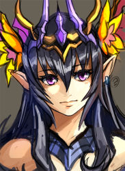 Rule 34 | 1girl, black hair, brown background, earrings, flower, hair flower, hair ornament, itou youichi, jewelry, lips, long hair, looking away, necklace, persephone (p&amp;d), pointy ears, purple eyes, puzzle &amp; dragons, simple background, single earring, solo, tiara, upper body