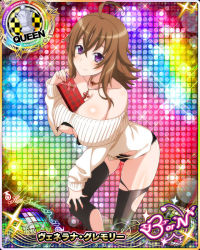 Rule 34 | 1girl, ahoge, bare shoulders, between breasts, black panties, black thighhighs, bow, box, breasts, brown hair, card (medium), chess piece, cleavage, clothing cutout, female focus, high school dxd, holding, holding box, jewelry, large breasts, long hair, looking at viewer, mature female, necklace, panties, pink bow, purple eyes, queen (chess), smile, solo, standing, sweater, thighhighs, torn clothes, underboob, underboob cutout, underwear, valentine, venelana gremory
