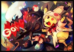 Rule 34 | :3, :d, black border, border, bow, bowtie, candy, candy cane, clothed pokemon, confetti, cosplay, creatures (company), darkrai, food, from side, furry, game freak, gen 1 pokemon, gen 4 pokemon, gen 7 pokemon, hungry clicker, jumping, legendary pokemon, lucario, lucario (costume party), mimikyu, mimikyu (cosplay), mythical pokemon, nintendo, open mouth, pikachu, poke ball, poke ball (basic), pokemon, pokemon unite, red bow, red neckwear, smile
