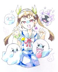 Rule 34 | 1girl, bakemonogatari, blue sky, boo (mario), bow, bowtie, brown hair, collarbone, copyright request, creatures (company), cropped legs, fang, game freak, gastly, gen 1 pokemon, ghost, green bracelet, green ribbon, hachikuji mayoi, hair ribbon, hairband, hands up, highres, kirby, kirby (series), long hair, looking at viewer, mario (series), monogatari (series), neck ribbon, nintendo, open mouth, pink bow, pink bowtie, pink eyes, pink ribbon, pleated skirt, pokemon, pokemon (creature), ribbon, school uniform, shirt, short sleeves, sidelocks, signature, sketch, skin fang, skirt, sky, star (symbol), suspender skirt, suspenders, taste colorful, trait connection, twintails, white hairband, white shirt