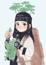 Rule 34 | 1girl, absurdres, ainu, ainu clothes, asirpa, backpack, bag, bandana, black hair, blush, closed mouth, collar, commentary request, ear piercing, earrings, golden kamuy, grass, grey eyes, he lsinki, highres, holding, hoop earrings, jewelry, knife, lips, long hair, long sleeves, looking at viewer, piercing, plant, sheath, simple background, solo, standing, upper body, white background