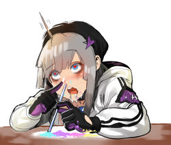 Rule 34 | 1girl, aa-12 (girls&#039; frontline), ahegao, ahoge, arm support, bad id, bad pixiv id, black gloves, black hat, blue eyes, buckle, cocaine, commentary request, drinking straw, drooling, drugs, expressive hair, girls&#039; frontline, gloves, hat, heart, heart-shaped pupils, highres, holding, ihobus, jacket, korean commentary, long hair, long sleeves, open mouth, silver hair, simple background, sketch, snap-fit buckle, snorting, solo, symbol-shaped pupils, table, upper body, wavy mouth, white background, white jacket