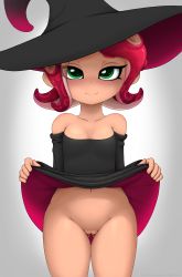 Rule 34 | 1girl, absurdres, anearbyanimal, bare shoulders, blush, breasts, closed mouth, clothes lift, cowboy shot, dress, dress lift, eyes visible through hair, gluteal fold, gradient background, green eyes, grey background, hat, highres, legs together, lifting own clothes, long sleeves, looking at viewer, nintendo, no panties, octoling, octoling player character, pussy, red hair, self-upload, short hair, small breasts, solo, splatoon (series), standing, tentacle hair, thigh gap, uncensored, wide hips, witch hat