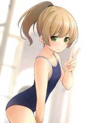 Rule 34 | 1girl, blue one-piece swimsuit, commentary request, competition school swimsuit, cowboy shot, flat chest, green eyes, light brown hair, long hair, looking at viewer, one-piece swimsuit, original, ponytail, school swimsuit, shibacha, solo, standing, swimsuit, v