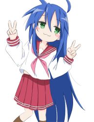Rule 34 | 1girl, :3, ahoge, blue hair, blush, blush stickers, closed mouth, commentary, double v, eyelashes, feet out of frame, female focus, green eyes, hair between eyes, hands up, izumi konata, long hair, looking at viewer, lucky star, mole, mole under eye, neckerchief, pink neckerchief, pleated skirt, red sailor collar, red skirt, ryouou school uniform, sailor collar, school uniform, serafuku, shadow, shino dayou, sidelocks, simple background, skirt, solo, standing, v, very long hair, white background