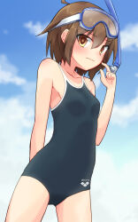 Rule 34 | 1girl, arena (company), black one-piece swimsuit, blue sky, brown eyes, brown hair, cloud, commission, competition school swimsuit, cosplay, cowboy shot, diving mask, diving mask on head, drawstring, flat chest, goggles, goggles on head, hood, kakizaki (chou neji), kantai collection, logo, one-piece swimsuit, school swimsuit, short hair, skeb commission, sky, snorkel, solo, swimsuit, swimsuit under clothes, wakaba (kancolle), yukikaze (kancolle)