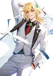 Rule 34 | 1boy, arm up, blonde hair, blue flower, bouquet, collared shirt, eyelashes, feather hair ornament, feathers, flower, genshin impact, hair between eyes, hair ornament, hand in pocket, highres, holding, holding bouquet, hwan (mob hwan), jacket, kaveh (genshin impact), kaveh (gigo) (genshin impact), long hair, long sleeves, looking at viewer, male focus, multicolored hair, necktie, open clothes, open jacket, pants, red eyes, red necktie, shirt, simple background, vest, white background, white jacket, white pants, white vest