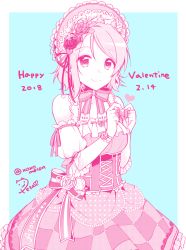Rule 34 | 1girl, artistic error, blue background, bonnet, border, bow, checkered clothes, checkered skirt, corset, cross-laced clothes, dated, detached sleeves, flower, frills, hair flower, hair ornament, heart, heart hands, lace, lolita fashion, looking at viewer, love live!, love live! school idol festival, love live! sunshine!!, multiple monochrome, peke (xoxopeke), pink theme, polka dot, ribbon, ribbon trim, short hair, signature, skirt, smile, solo, striped ribbon, twitter username, valentine, watanabe you, white border, wristband